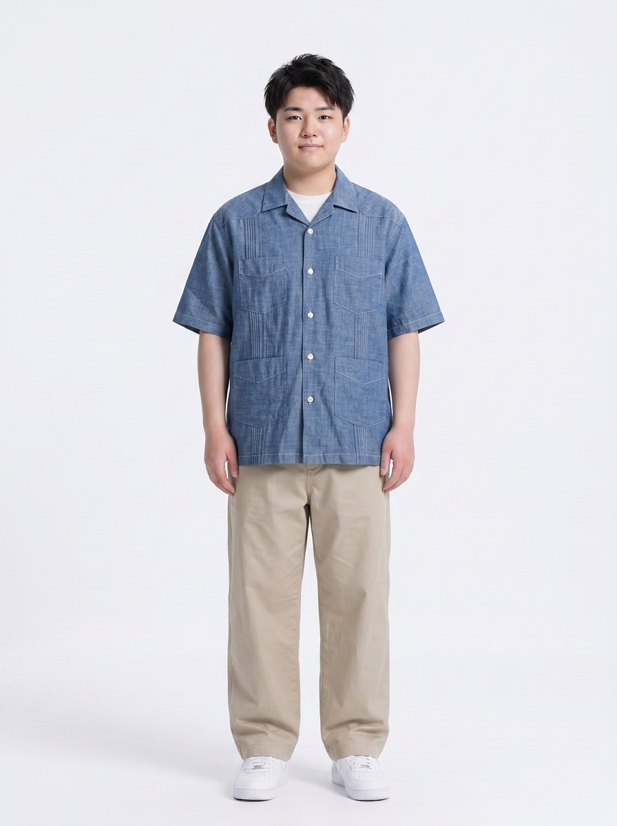 デニムシャツベージュパンツ大きいサイズ