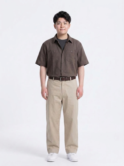 ブラウンシャツベージュパンツ大きいサイズ